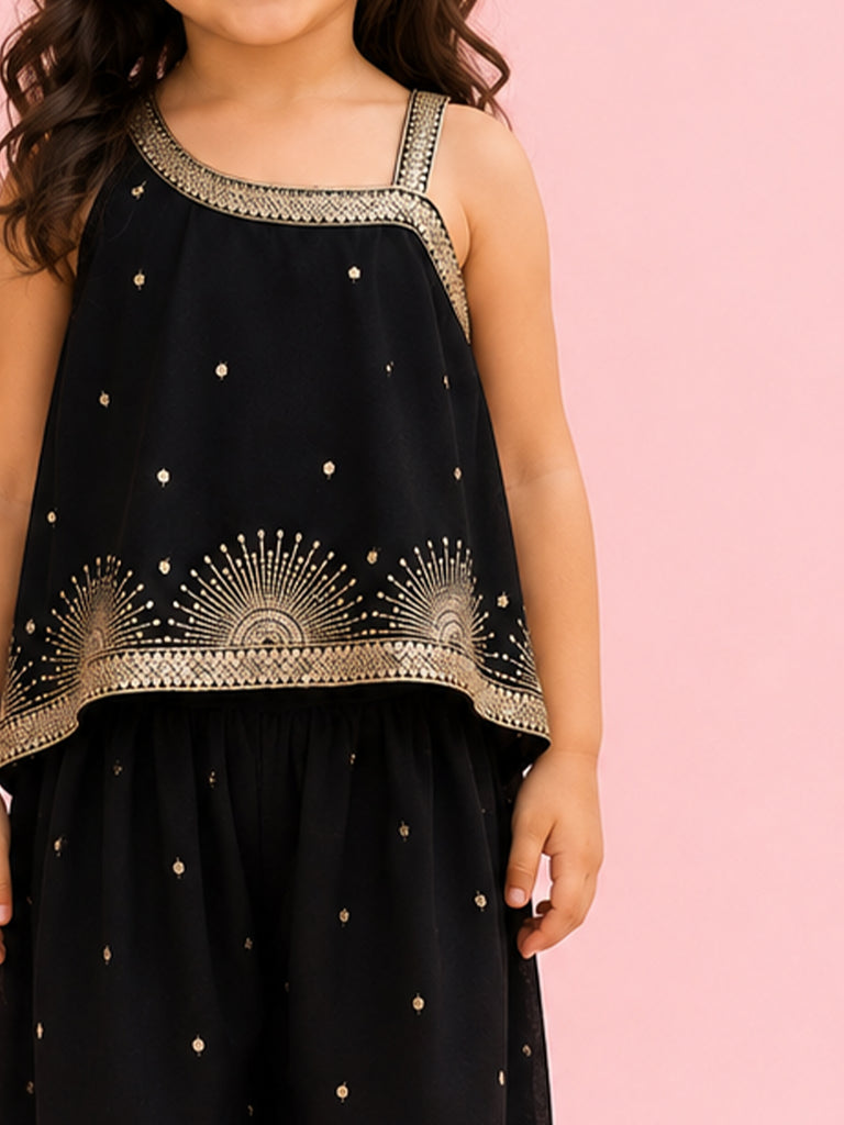 Girls Black Ethnic Crop Top & Dhoti Pants Set – Gold Embroidered Festive Wear