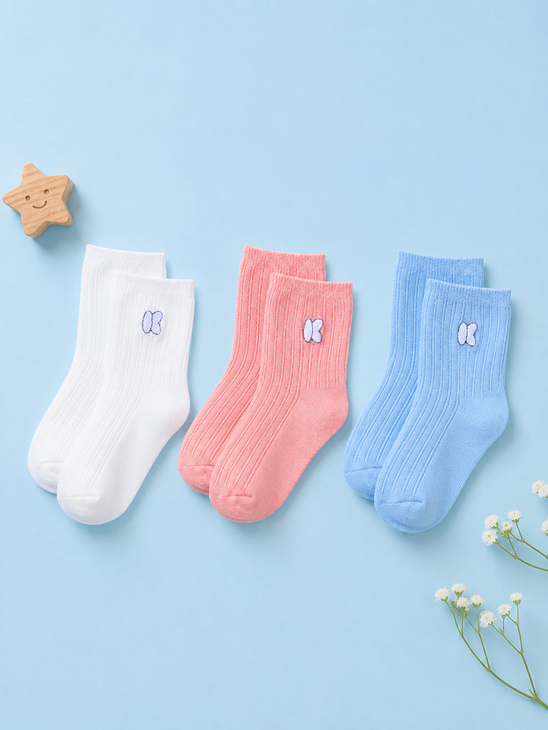 Bamboo Fabric Kids Ribbed Crew Socks Combo Pack – White, Pink & Sky Blue (Pack of 3