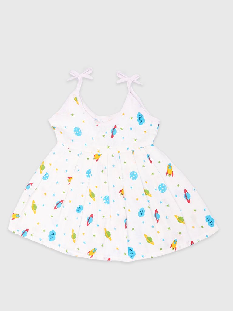 Kidbea Extra Soft Muslin Cotton Fabric Baby Girls Frock | Pack of 4 | Rainnbow, Space, Mickey and Butterfly | Print May Vary
