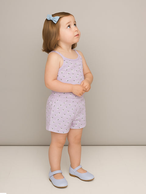Girls Floral Print Sleeveless Tank Top and Elastic Waist Shorts Clothing Set | Purple