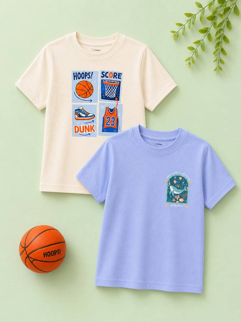 Bamboo Fabric Unisex Kids Half Sleeve T-Shirt Pack of 2 – Basketball & Ocean Graphic Print Soft Summer Tee Set