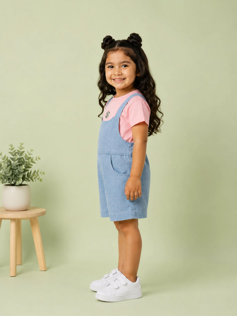 Girls Cotton Denim Dungaree Shorts with Pink T-Shirt Co-ord Set - Light Blue