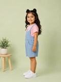 Girls Cotton Denim Dungaree Shorts with Pink T-Shirt Co-ord Set - Light Blue