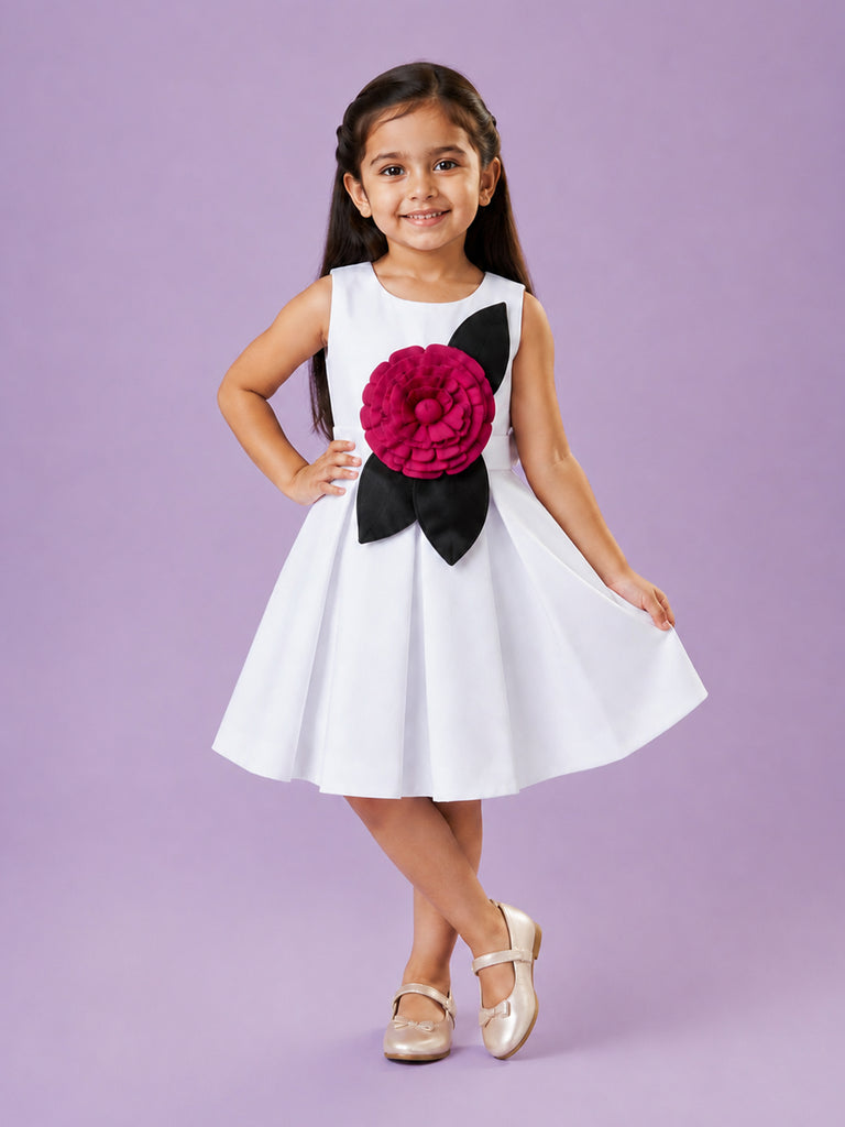 Girls White Partywear Frock – 3D Rose Flower & Leaf Design Dress