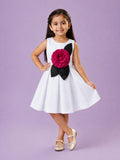 Girls White Partywear Frock – 3D Rose Flower & Leaf Design Dress