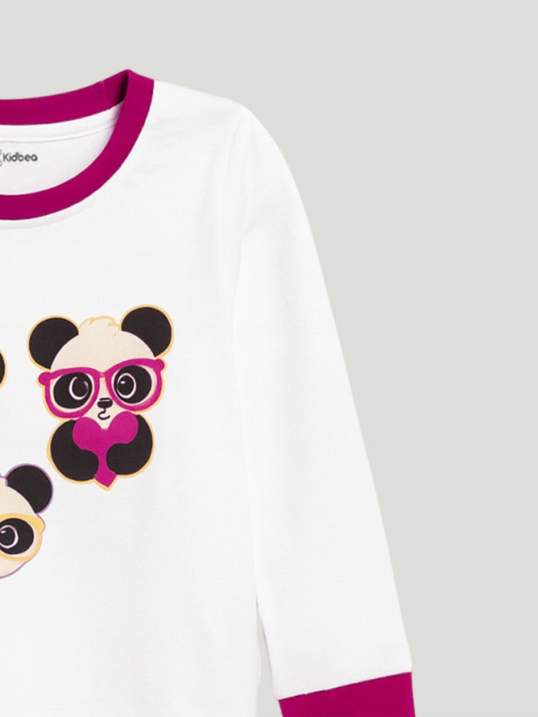 Kidbea Unisex Cotton Night Suit Set | Cute Panda Print | Full Sleeves Pyjama Set | White