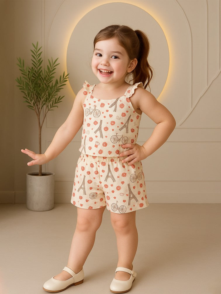 Kidbea Girls Abstract Print Clothing Set | Ruffle Sleeve Tank Top and Matching Shorts | White