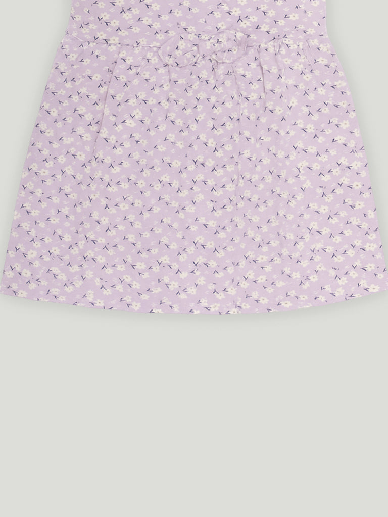 Kidbea Girls Cotton Frock | Floral Printed Dress with Ruffle Sleeves | Casual & Trendy Dress | Lavender