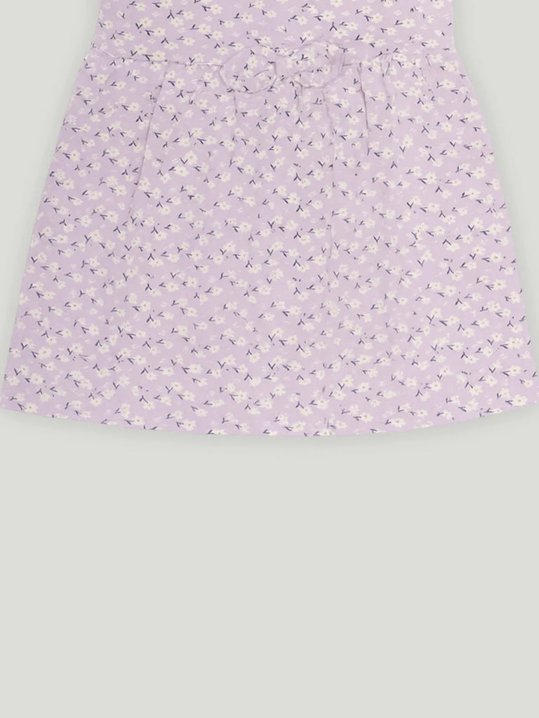 Kidbea Girls Cotton Frock | Floral Printed Dress with Ruffle Sleeves | Casual & Trendy Dress | Lavender