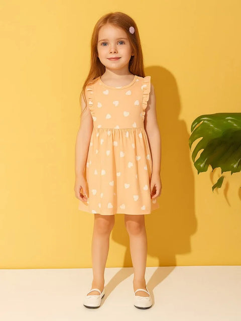 Kidbea Girls Cotton Frock | Heart Printed Dress for Summer | Ruffle Sleeves | Pink