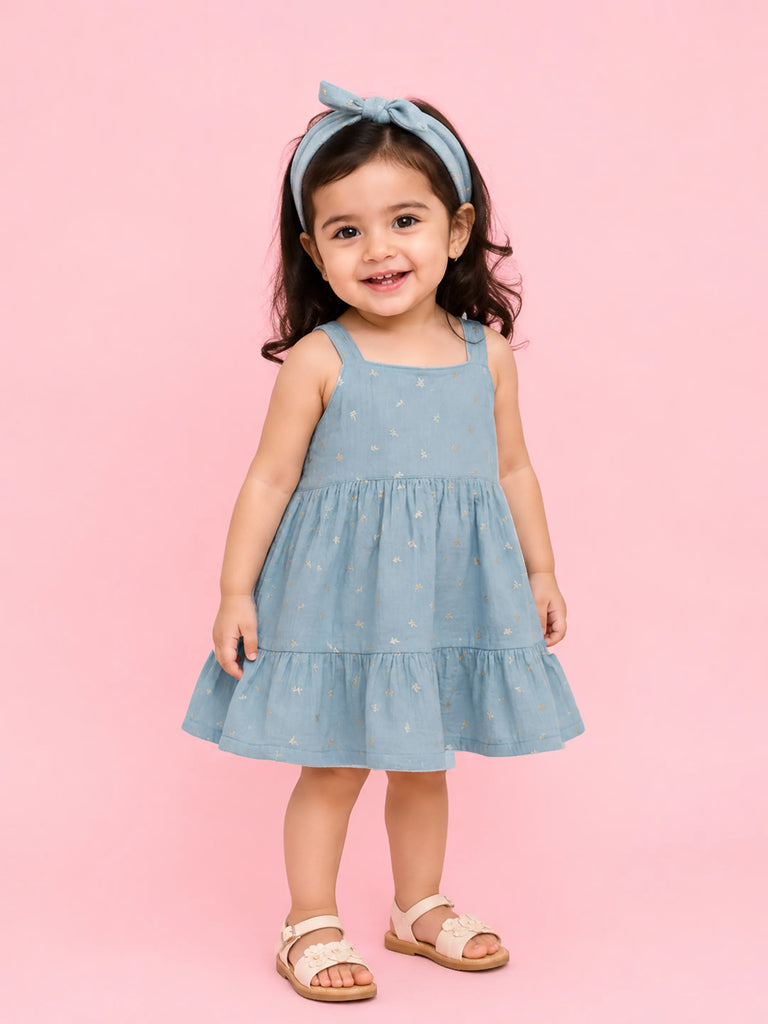 Girls Organic Cotton Sky Blue Floral Print Dress & Bloomers Set with Headband