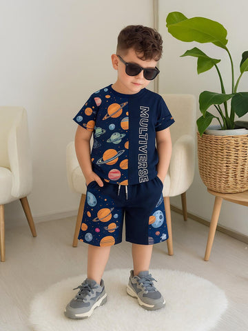 Kidbea Boys Space Theme Co-Ord Set | Cotton T-Shirt and Shorts for Kids | Blue