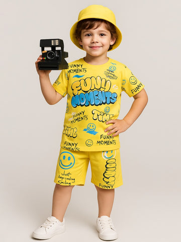 Kidbea Boys Summer Co-Ord Set | Cotton Half Sleeve T-Shirt and Shorts | Yellow