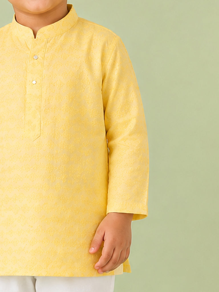 Boys Yellow Kurta & White Pajama Set – Traditional Ethnic Festive Wear