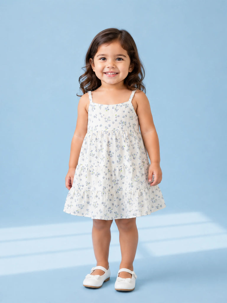 Girls Cotton White Floral Print Frock