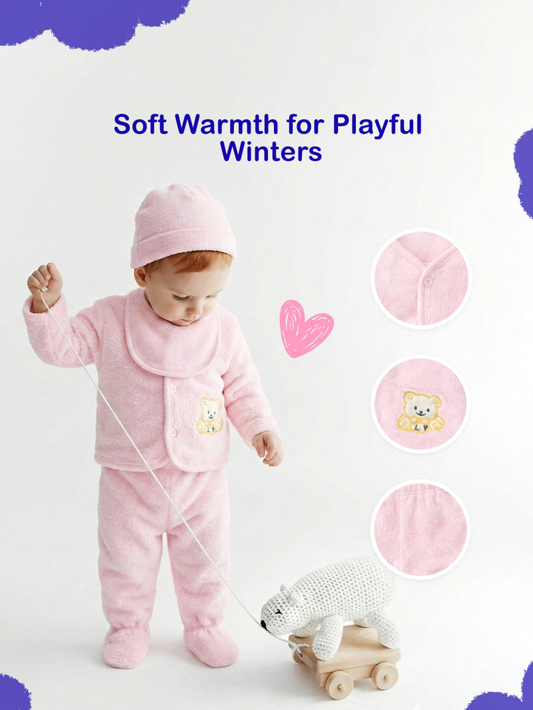 Unisex Baby Winter Wear – Pack of 5 Cozy Set with Cardigan, Pants, Footed Pants, Cap & Bib