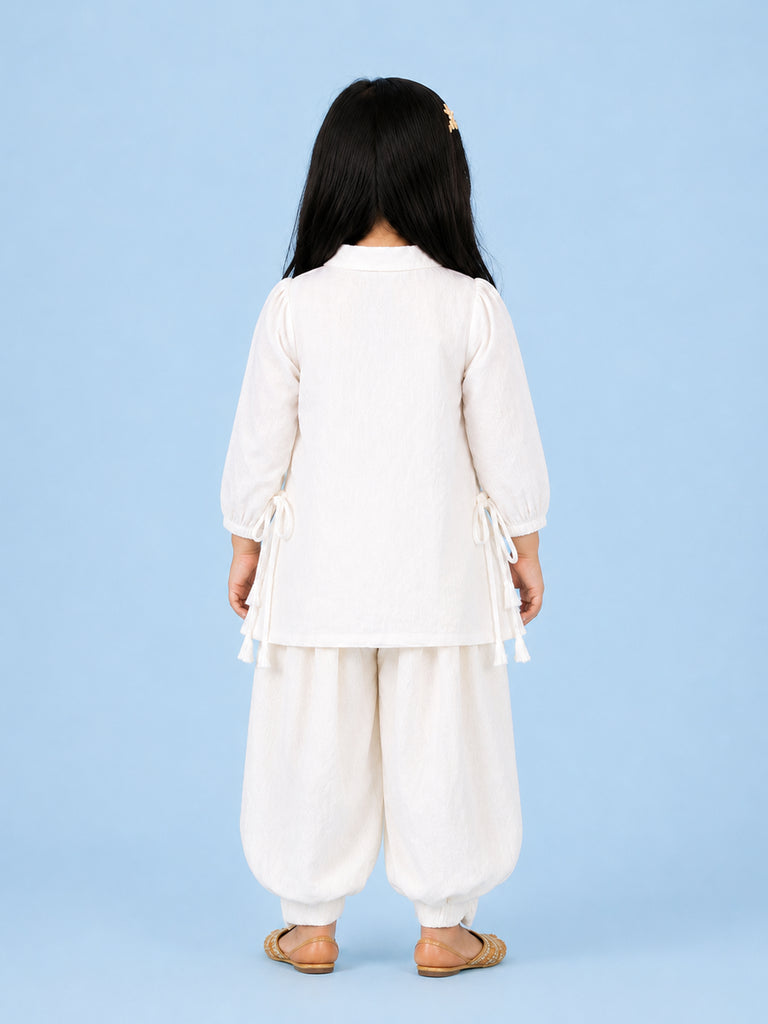 Girls White Embroidered Kurta & Dhoti Set – Colorful Floral Festive Wear