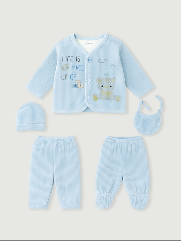 Unisex Baby Winter Wear – 5 Piece Cozy Cotton Set with Cardigan, Pants, Footed Bottom, Cap & Bib