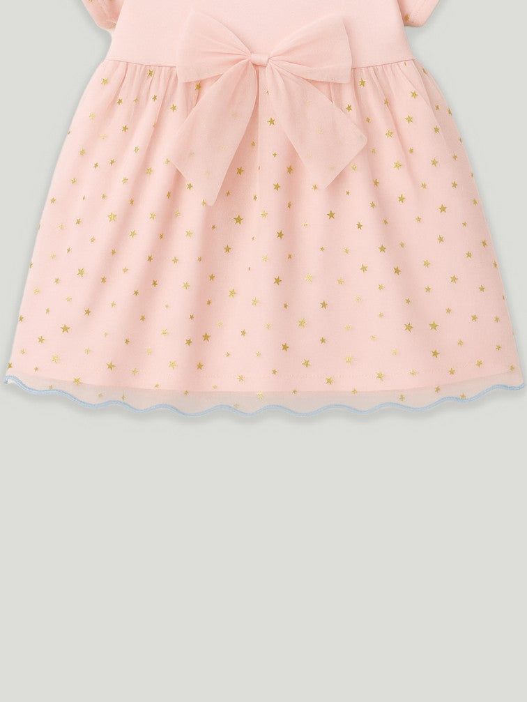 Kidbea Baby Girl Party Dress with Duck Bag | Stylish Frock with Golden Star Print, Puff Sleeves | Birthday Dress for Toddlers & Infants Pink