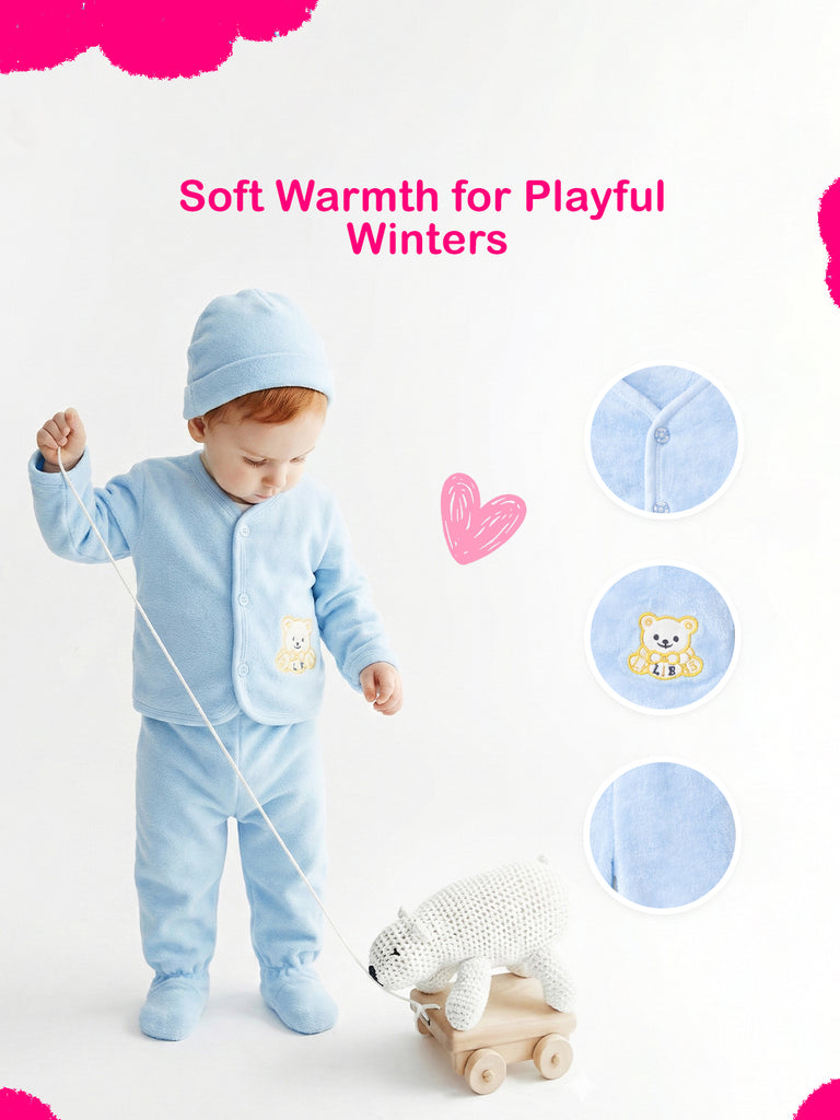 Unisex Baby Winter Wear – Pack of 5 Cozy Set with Cardigan, Pants, Footed Pants, Cap & Bib