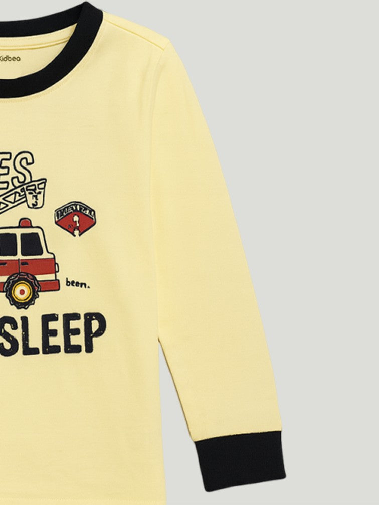Kidbea Unisex Kids Cotton Night Suit Set | Firetruck Print | Full Sleeves Pajamas | Cream