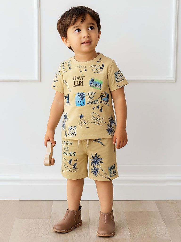 Kidbea Boys Beach Theme Co-Ord Set | Summer Cotton T-Shirt and Shorts for Boys | Beige