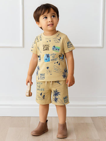 Kidbea Boys Beach Theme Co-Ord Set | Summer Cotton T-Shirt and Shorts for Boys | Beige