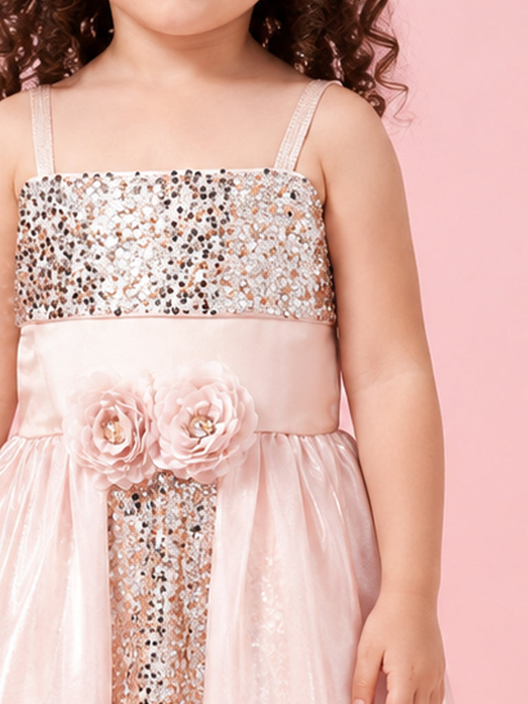 Girls Pink Partywear Frock – Sequin & Floral Embellished High-Low Dress