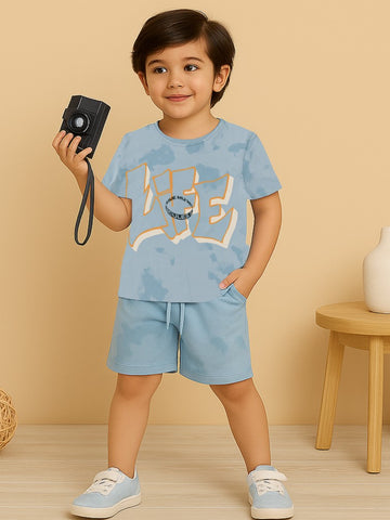 Kidbea Boys Tie-Dye Co-Ord Set | Summer Cotton T-Shirt and Shorts for Kids | Light Blue