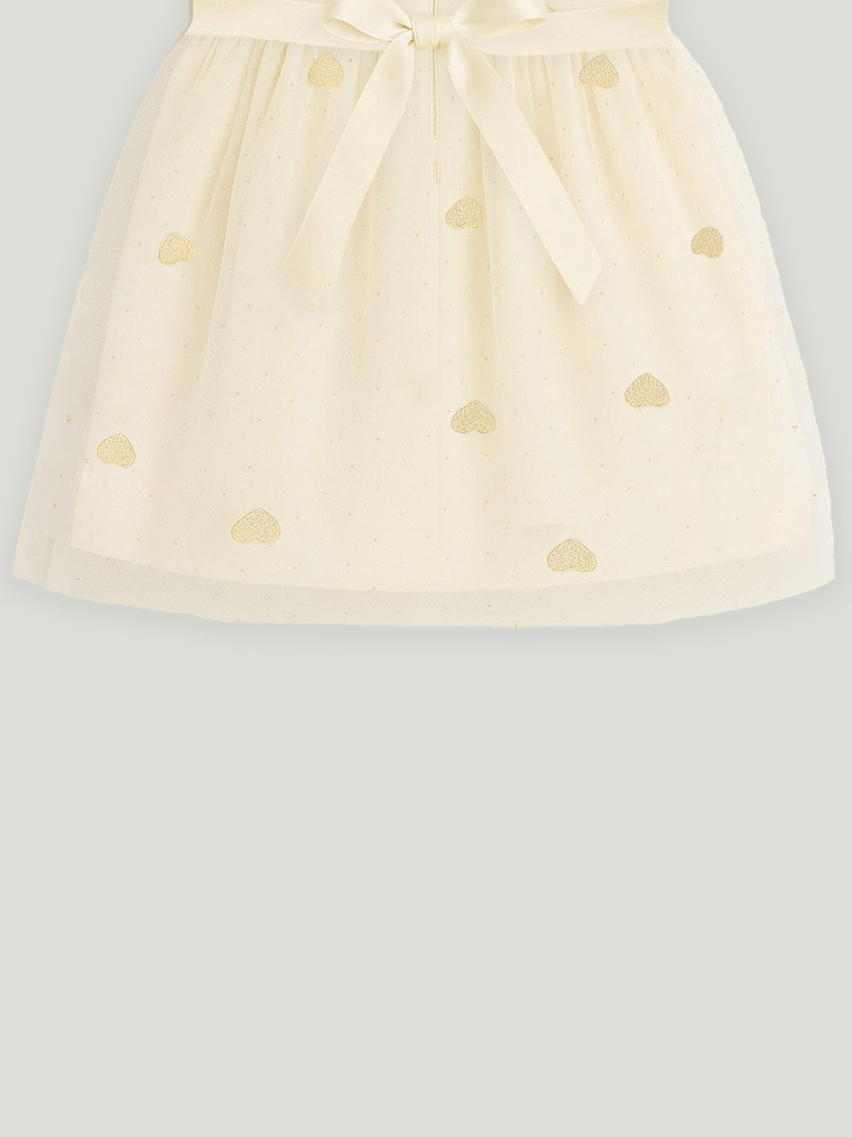 Kidbea Baby Girl Party/Birthday Dress | Sleeveless Stylish Frock with White Heart Embroidery & Tulle Layer | Ideal for Toddlers & Infants Cream