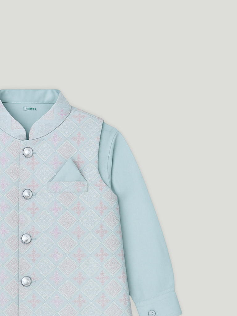 Kidbea Boys Stylish Kurta Pajama Set with Embroidered Nehru Jacket | Traditional Festive Ethnic Wear | Blue