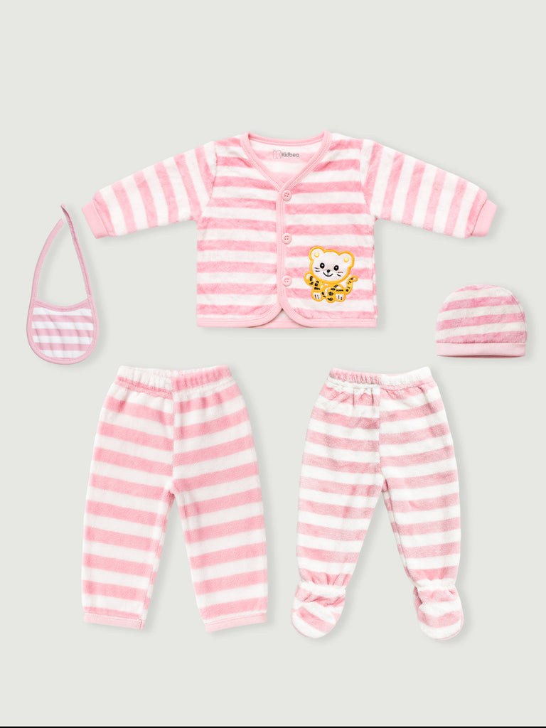 Unisex Baby Winter Wear – 5 Piece Cozy Cotton Set with Cardigan, Pants, Footed Bottom, Cap & Bib