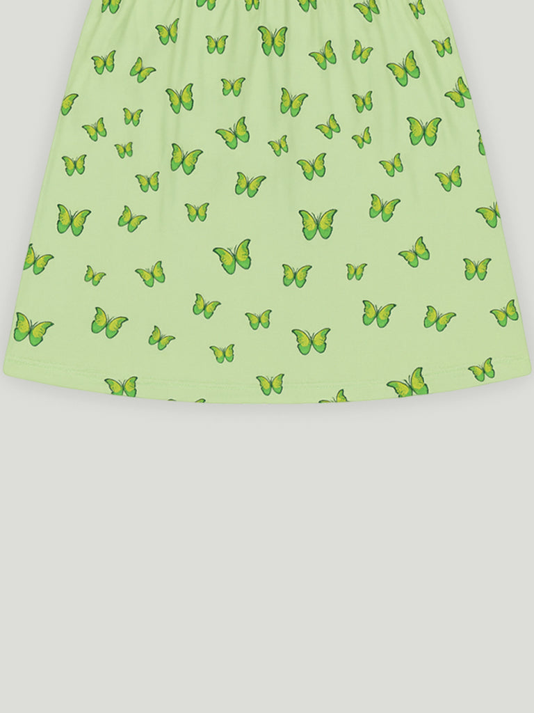 Kidbea Girls Cotton Frock | Butterfly Printed Summer Dress | Short Sleeve Casual Wear Kids | Green