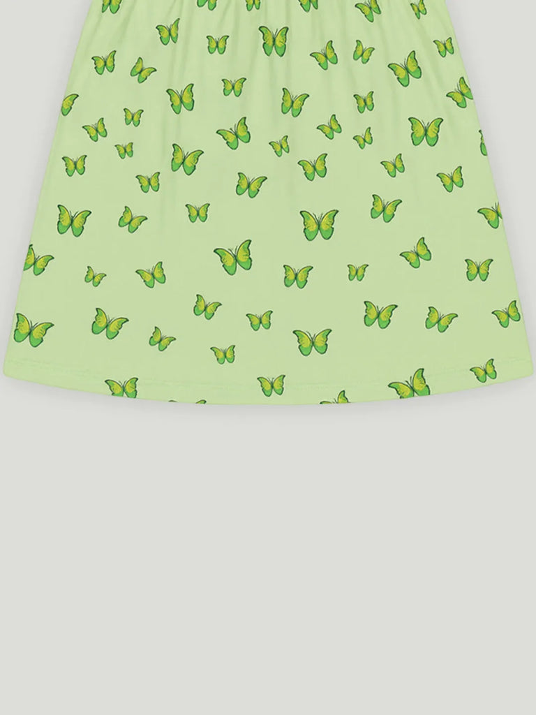 Kidbea Girls Cotton Frock | Butterfly Printed Summer Dress | Short Sleeve Casual Wear Kids | Green
