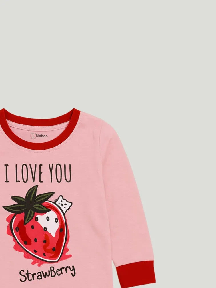 Unisex Kids Cotton Nightsuit | Soft & Cute Strawberry Print Pajama Set for Boys & Girls | Pink