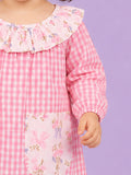Light Organic Cotton Pink Checkered Floral Collar Frock Dress