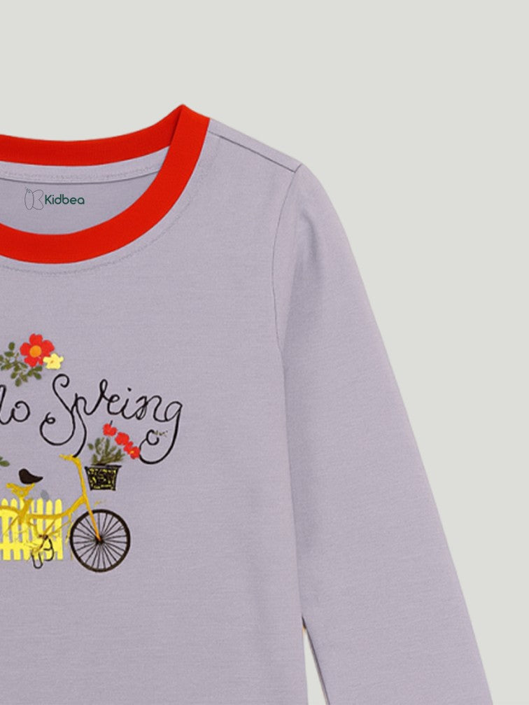 Kidbea Unisex Kids Cotton Night Suit Set | Hello Spring Print | Full Sleeves Sleepwear | Purple