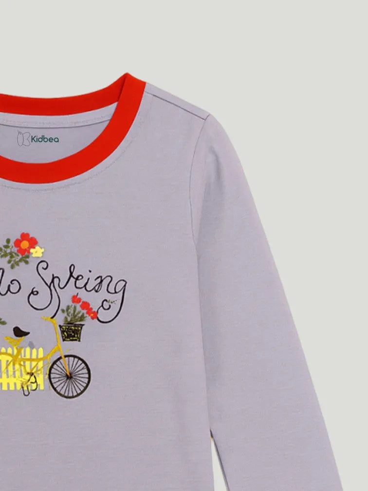 Unisex Kids Cotton Nightsuit Set | Hello Spring Print | Full Sleeves Sleepwear | Purple