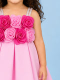 Girls Pink Partywear Frock – 3D Rose Flower Flared Dress