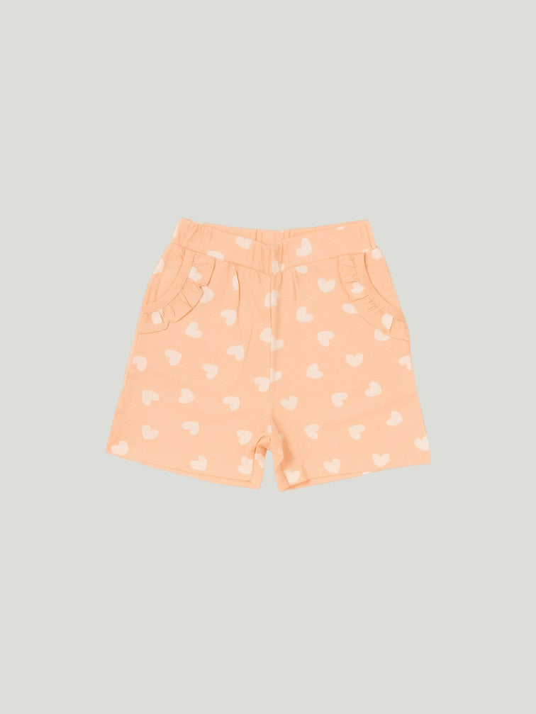 Kidbea Girls Heart Print Clothing Set | Soft Sleeveless Top with Ruffle Sleeves and Elastic Waist Shorts | Peach