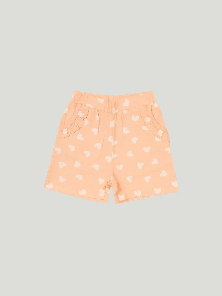 Girls Heart Print Clothing Set | Soft Sleeveless Top with Ruffle Sleeves and Elastic Waist Shorts | Peach