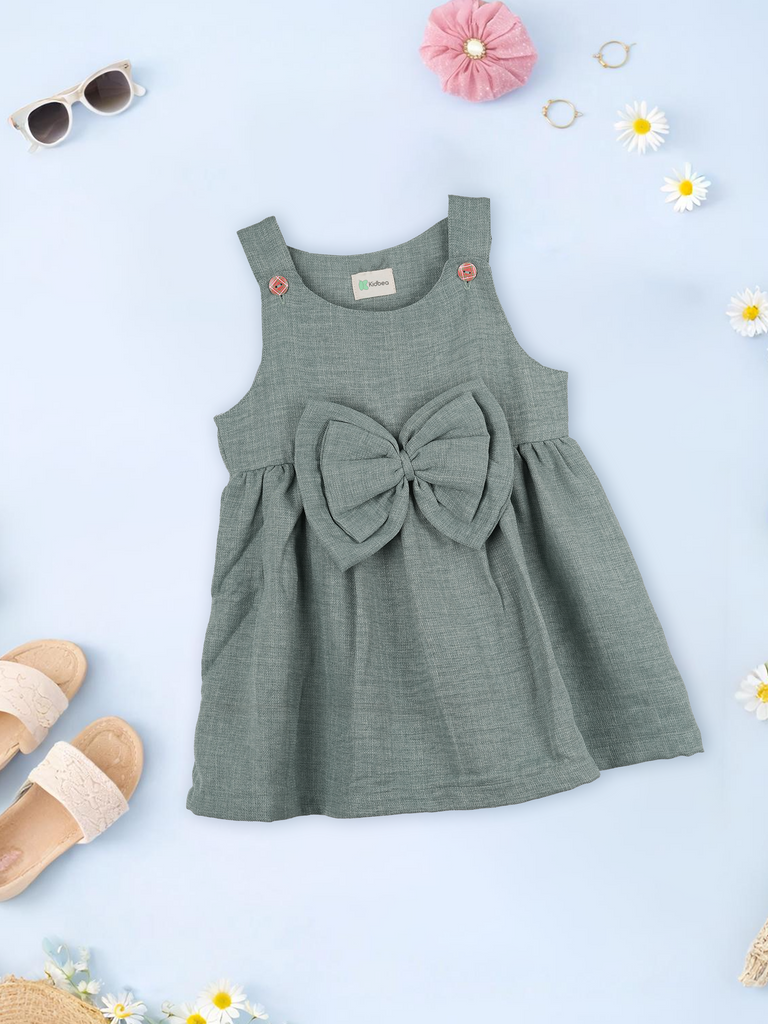 Baby Girl Solid Green Frock with Bow Detail