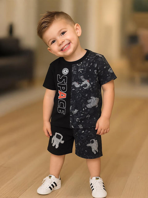 Boys Space Theme Co-Ord Set | Cotton T-Shirt and Shorts for Kids | Black