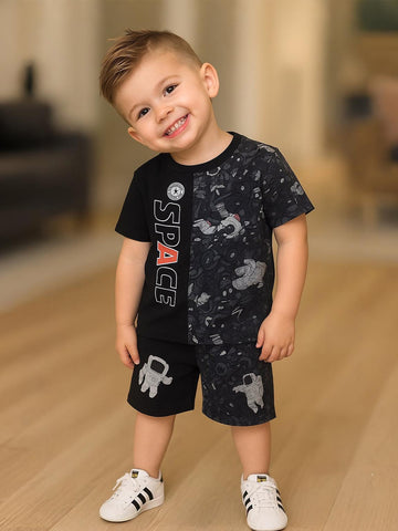 Kidbea Boys Space Theme Co-Ord Set | Cotton T-Shirt and Shorts for Kids | Black