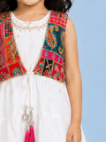 Girls White Ethnic Kurta & Dhoti Set – Multicolor Printed Jacket Festive Wear
