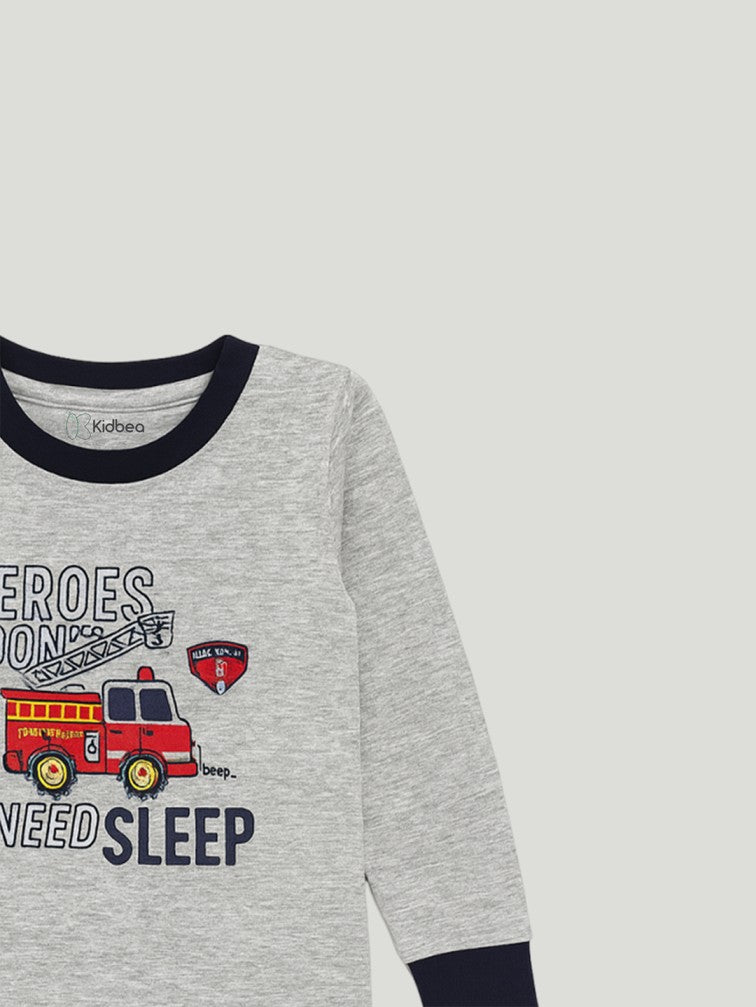Kidbea Unisex Kids Cotton Night Suit Set | Firetruck Print  | Full Sleeves Pajamas | Grey
