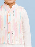 Boys White Kurta & Dhoti Set – Pastel Printed Jacket Festive Wear