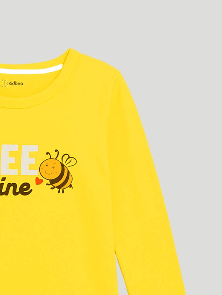 Kidbea Unisex Cotton Nightwear Set for Kids | Cute Bee Print & Full Sleeves Top | Yellow