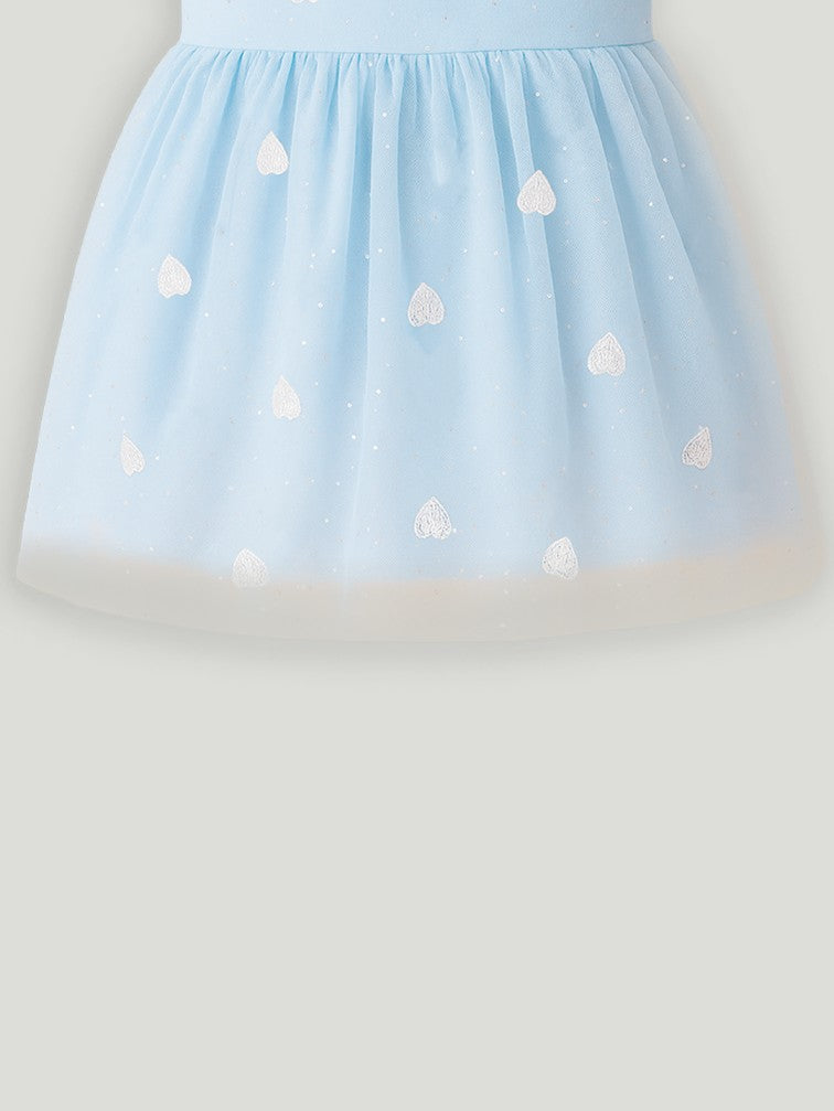 Kidbea Baby Girl Party/Birthday Dress | Sleeveless Stylish Frock with White Heart Embroidery & Tulle Layer | Ideal for Toddlers & Infants Blue