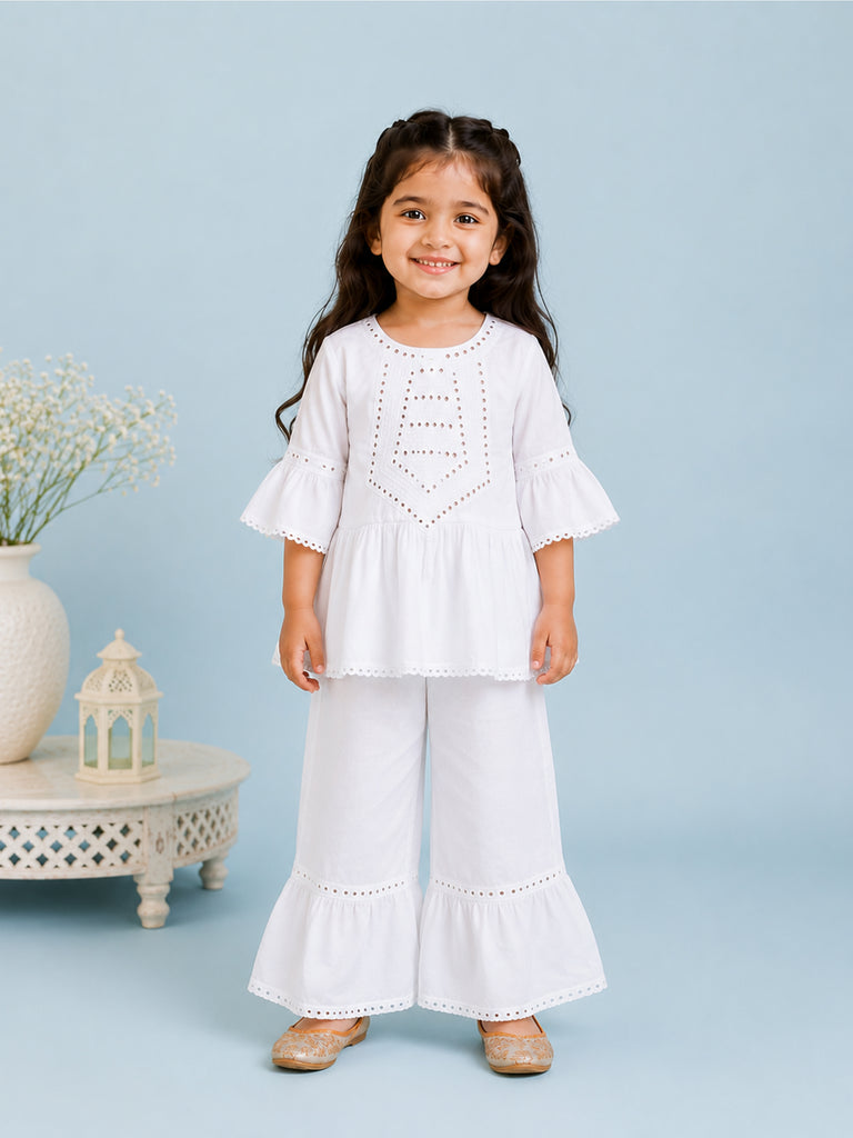 Girls White Kurta & Sharara Set – Embroidered Festive Ethnic Wear